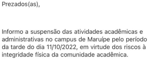 Aviso da Ufes enviado aos estudantes