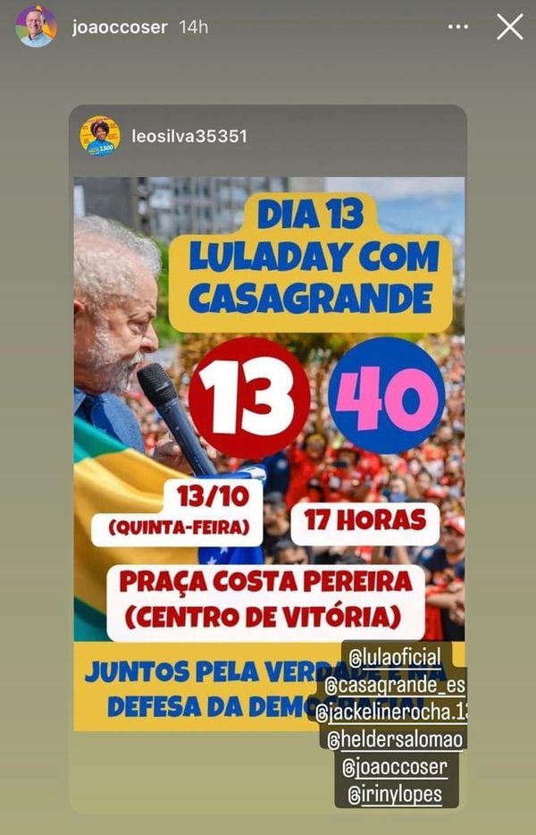 Publicação no Instagram de João Coser convida para o Lula day em Vitória