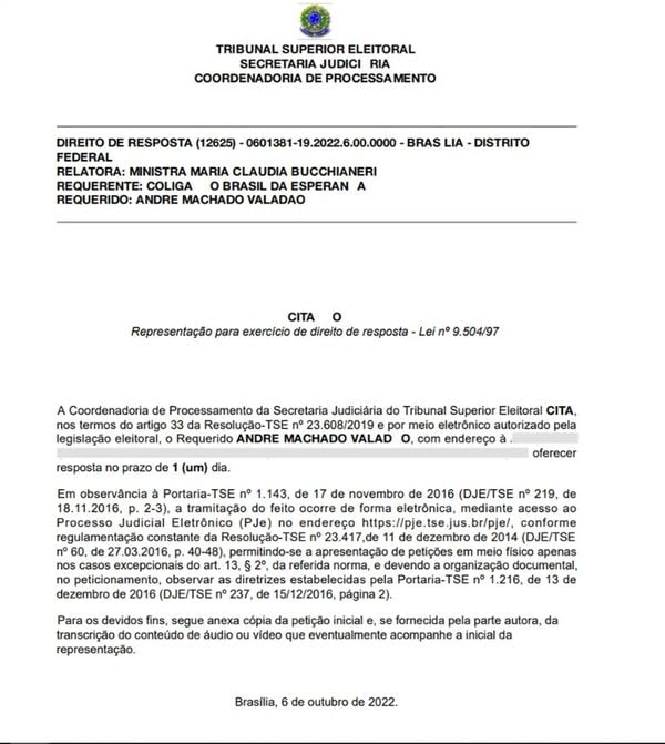Documento enviado ao pastor André Valadão pelo TSE 