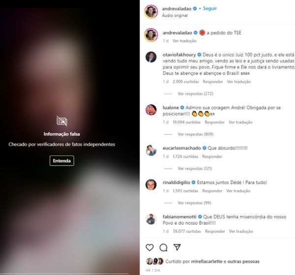 Post em que pastor André Valadão mente sobre TSE é marcado como falso no Instagram