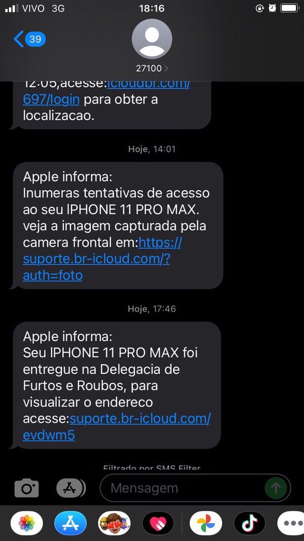 Mensagem enviada pelo receptador para conseguir os dados da vítima