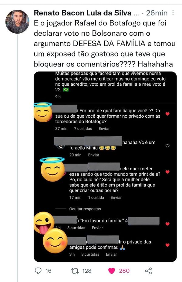 Print circula nas redes sociais com comentários expondo o jo