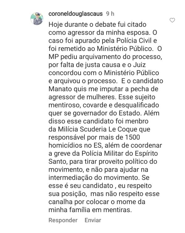 Post do comandante da PM sobre o debate