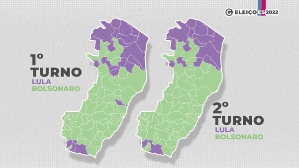 Mapa comparativo de Lula e Bolsonaro no primeiro e segundo turnos