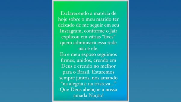 Michelle Bolsonaro posta mensagem após ela e o presidente supostamente deixarem de se seguir nas redes sociais