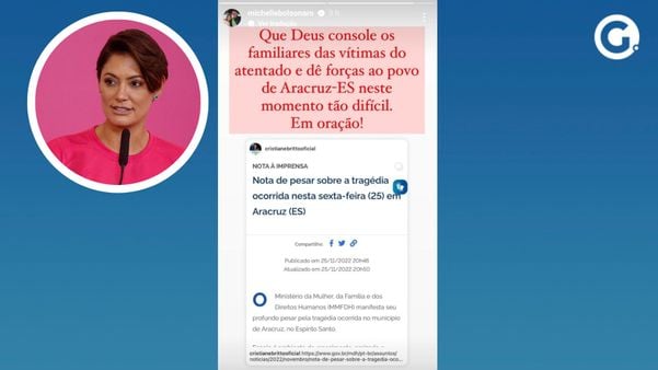 Michelle Bolsonaro se solidariza com tragédia em Aracruz