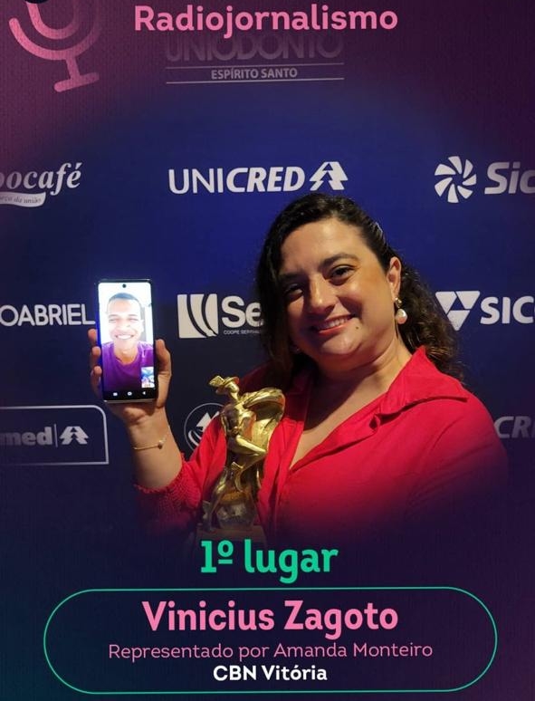 Amanda Monteiro representou o repórter Vinicius Zagoto, 1º lugar em radiojornalismo por Divulgação/OCB-ES