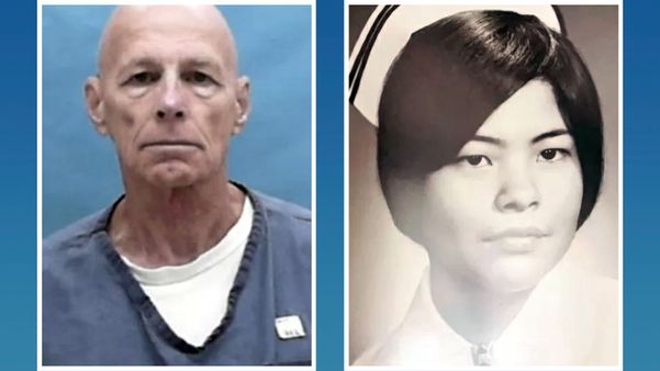 À esquerda, Ronald E. Richards, indiciado sob a acusação de agressão sexual e assassinato de Evelyn Marie Fisher-Bamforth (à direita)