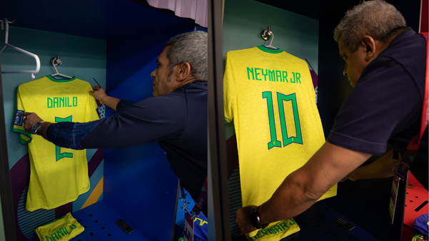 Uniformes de Danilo e Neymar no vestiário da Seleção Brasileira