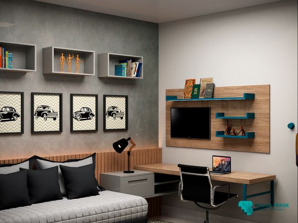 Mais discreto, o dono do quarto apostou em um visual mais moderno.