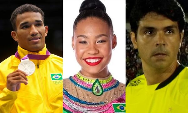 O pugilista Esquiva Falcão, a ginasta Geovanna Santos e o ex-jogador de futebol de areia Pierre