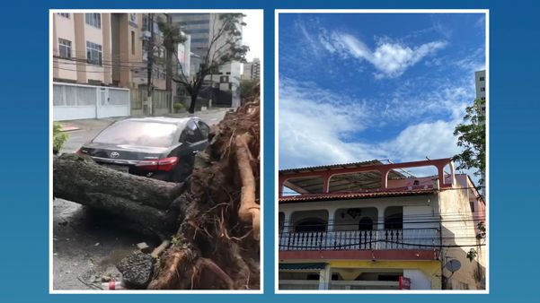 À esquerda, o carro que por pouco não foi destruído por árvore que caiu na Praia da Costa, em Vila Velha; à direita, a casa que sofreu destelhamento em Bento Ferreira, Vitória