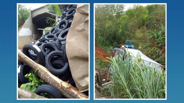 Caminhão com carga de pneus tombou no km 302, em Viana, na tarde desta quarta-feira (14)