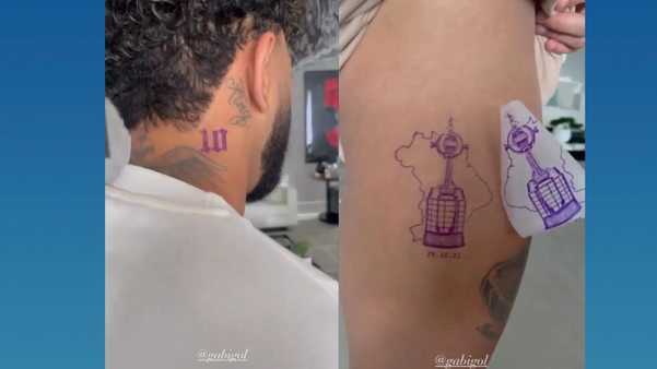 Gabrigol fez novas tatuagens com o número 10 que irá vestir no Flamengo e a nova taça da Libertadores que conquistou