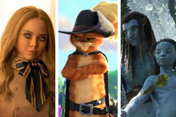 "M3GAN", "O Gato de Botas 2" e o novo "Avatar" estão entre as dicas para assistir nos cinemas nas férias. Crédito: Reprodução/Disney/Universal