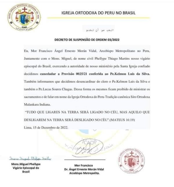 O decreto de suspensão do Padre Kelmon publicado pela Igreja Ortodoxa do Peru no Brasil