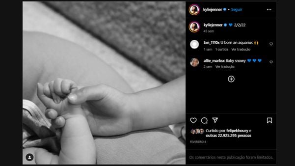 Foto das mãos dos filhos de Kylie Jenner está entre as 10 mais curtidas de 2020