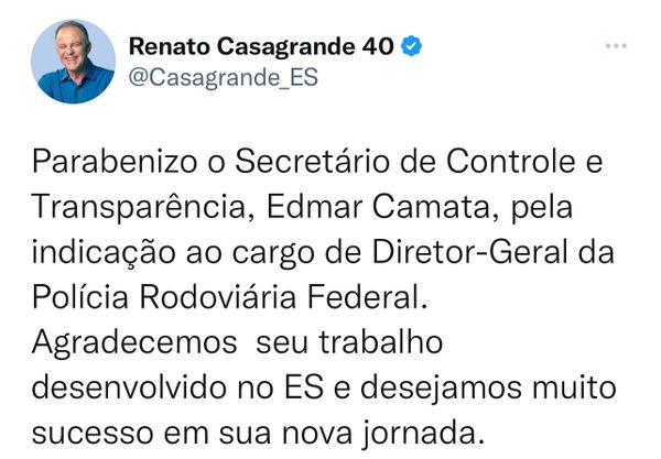 Pelo Twitter, o governador Casagrande parabenizou Edmar Camata