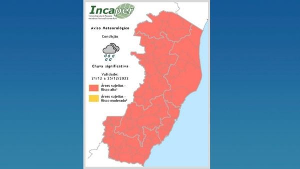 Regiões do Estado são sob risco alto de acumulados de chuvas, segundo Incaper