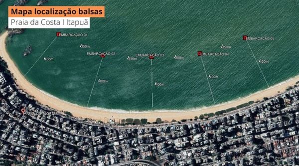 Réveillon 2023: Mapa simula locais onde ficarão as balsas para a queima de fogos na Praia da Costa e Praia de Itapuã, em Vila Velha