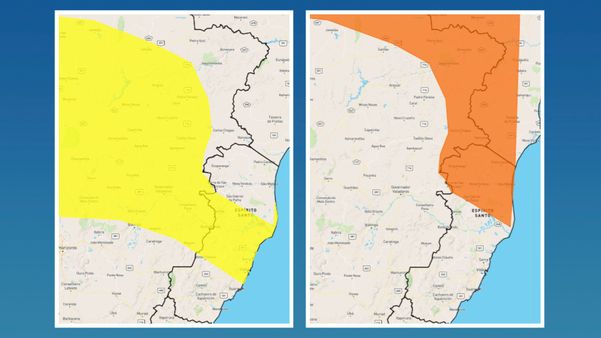 Alertas são das cores amarela e laranja. O último representa um maior risco