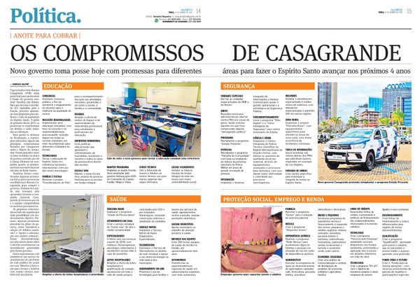 Compromissos de Casagrande foram destaque na versão impressa de A Gazeta de 01/01/2019