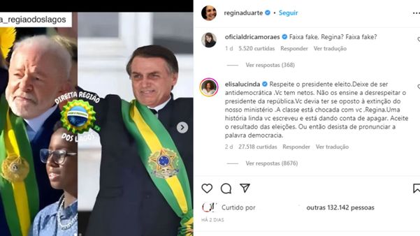 Elisa Lucinda comenta em post de Regina Duarte, que afirma que faixa usada por Lula é falsa
