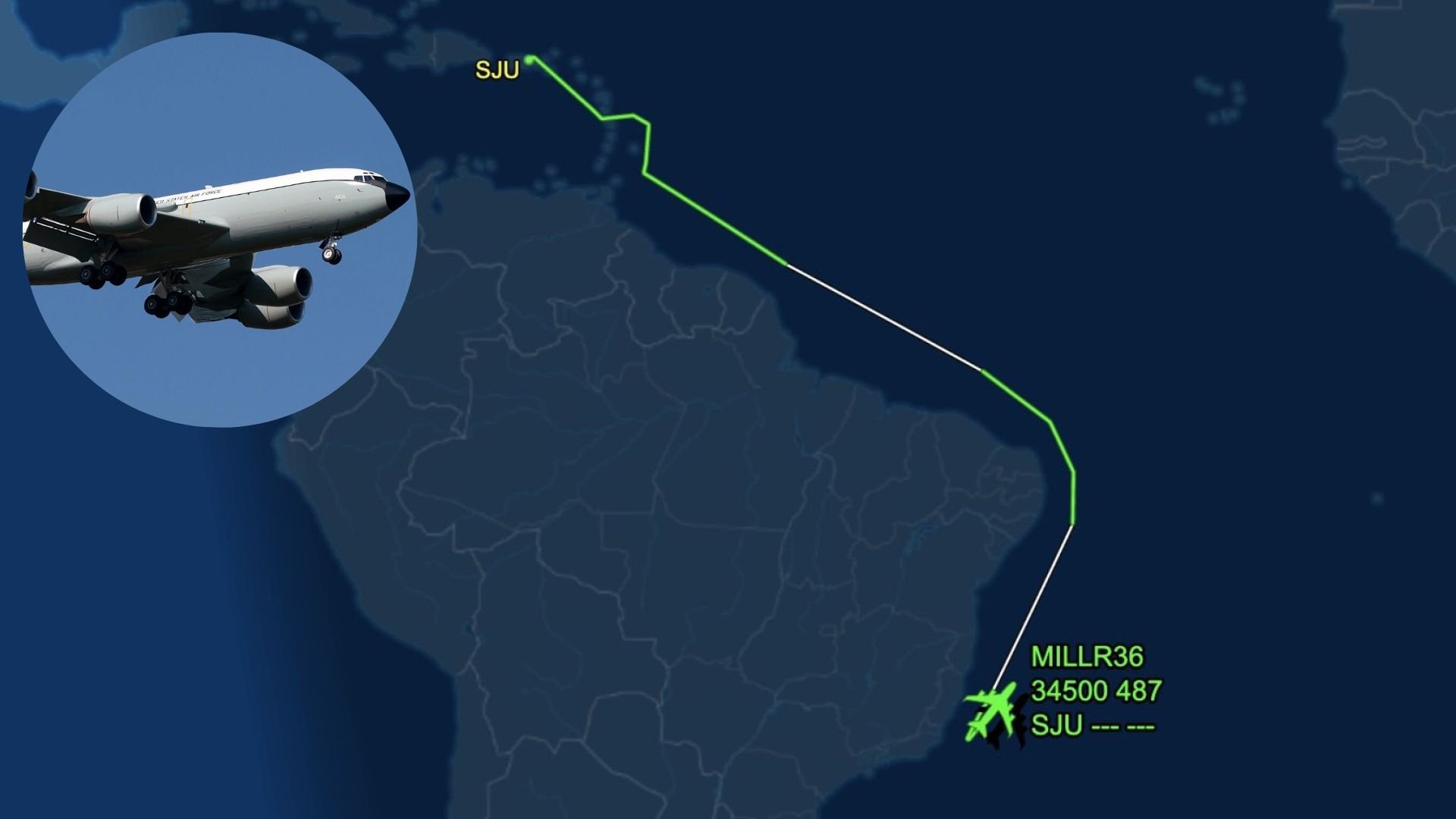 Jato da Força Aérea norte-americana voou por mais de 17h após sair do aeroporto de San Juan, em Porto Rico, e passar pelo Norte, Nordeste e Sudeste do Brasil
