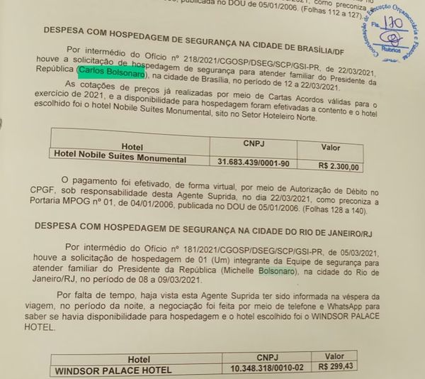 Registro de despesa com equipe de segurança de Carlos Bolsonaro em Brasília e Michelle Bolsonaro no Rio de Janeiro 
