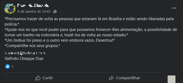 Mensagem no Facebook pede doações para retorno de capixabas após atos golpistas em Brasília