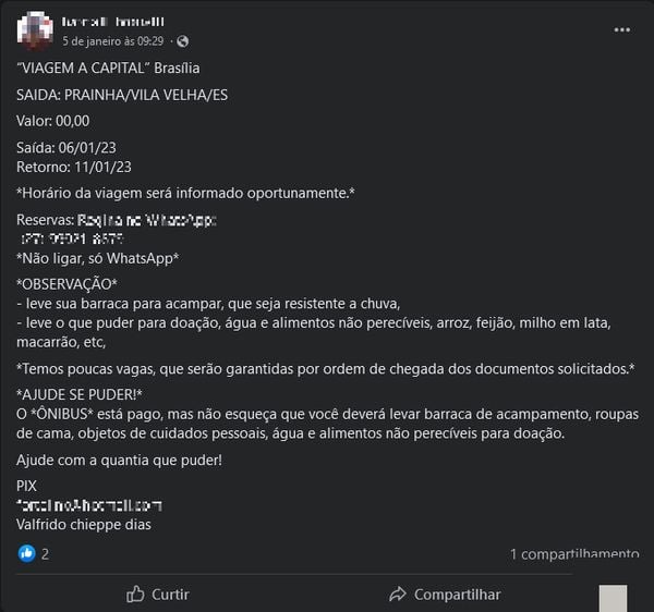 Mensagem no Facebook sobre ida de capixabas à Brasília na semana do dia 8 de janeiro