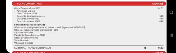 Conta da Claro com redução de ICMS