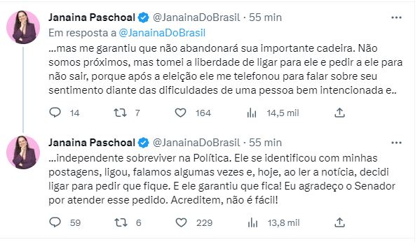 Janaina Paschoal diz, no Twitter, que Marcos do Val não vai deixar o mandato
