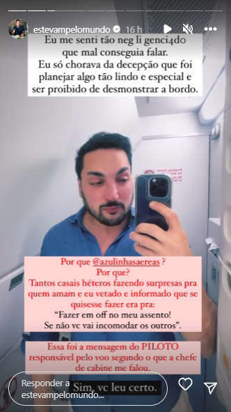 Lucas Estevam afirma ter sido empedido de pedir o namorado em casamento durante voo