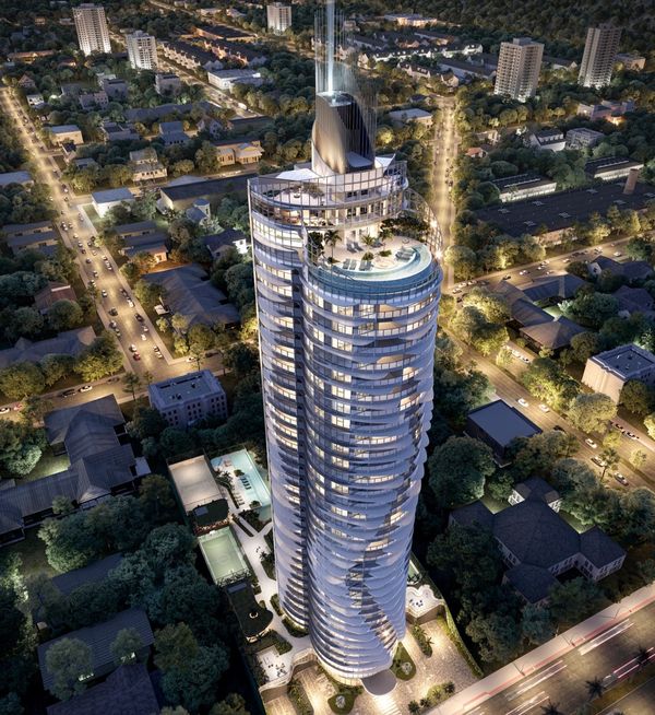 Fachada noturna do Una Residence por Grand Construtora/Divulgação 