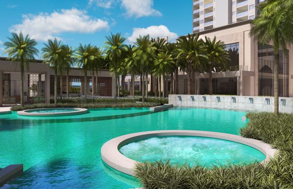 Um spa e piscinas externas estão entre os itens da extensa área de lazer do Taj Home Resort  por Grand Construtora/Divulgação 