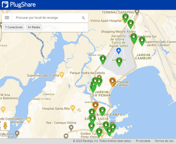 Mapa do aplicativo PlugShare com alguns pontos de recarga de carro elétrico do Espírito Santo