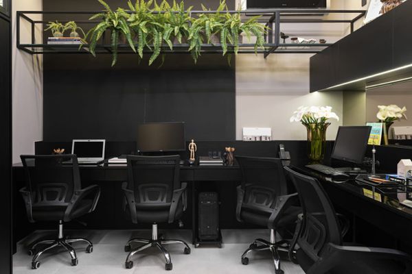 Contrastando com os móveis pretos e valorizando a biofilia, a luz branca mais sutil iluminou adequadamente o ambiente