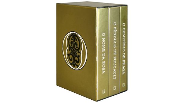 Box com os três romances de Umberto Eco, em um total de 1.720 páginas 