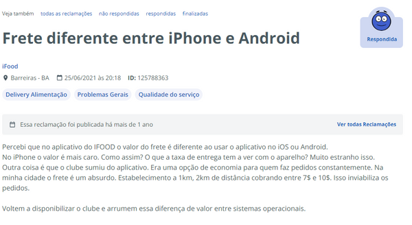 Reclamação de consumidor com preços diferentes de fretes