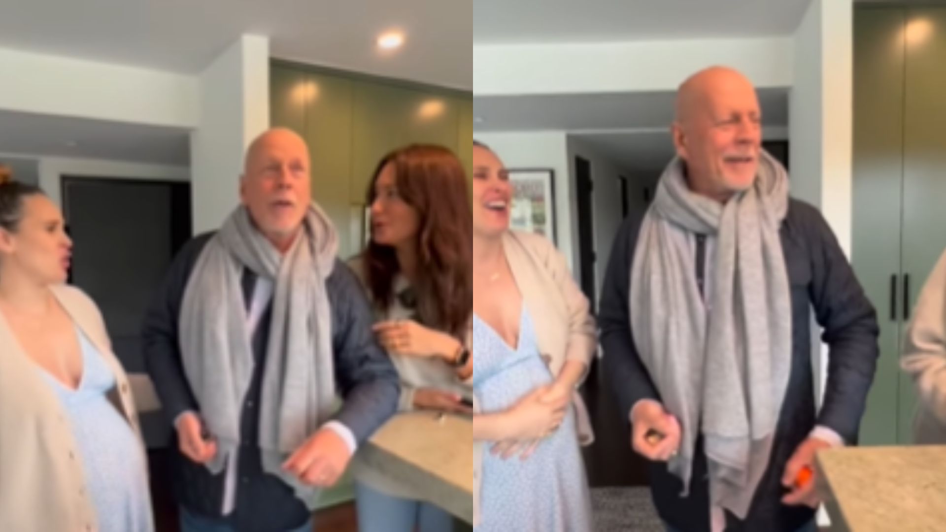 Mulher do ator chorou ao falar sobre Bruce Willis nas redes; comemoração teve presença de Demi Moore, que publicou vídeo do momento