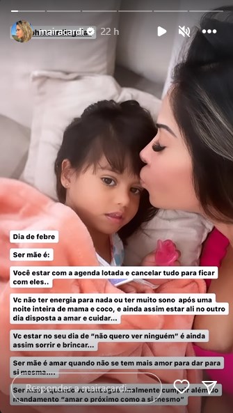 Maira Cardi postou, nos stories do Instagram, que sua filha está no hospital