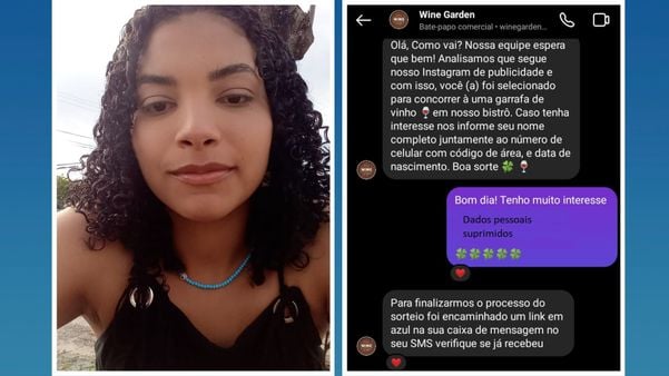 A estudante Miriã Cordeiro Nunes, de 19 anos, caiu em um golpe e teve a conta do Instagram hackeada; à direita, parte da conversa dela com os criminosos