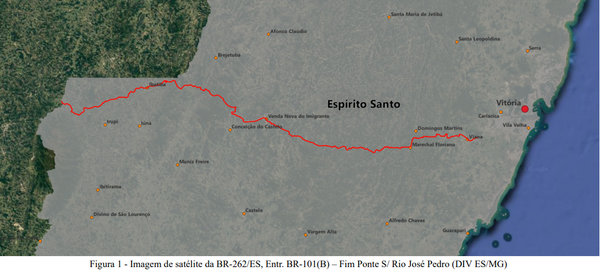 Imagem de satélite da BR-262/ES, Entr. BR-101(B) – Fim Ponte S/ Rio José Pedro (DIV ES/MG)