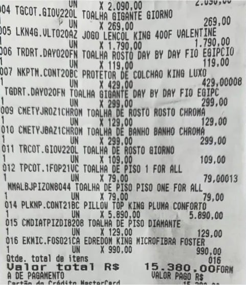 Nota fiscal mostra que os homens gastaram mais de R$15 mil em loja de produtos de casa