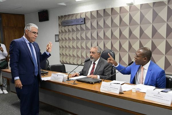 O senador Eduardo Girão (Novo-CE) exibe réplica de feto ao ministro dos Direitos Humanos, Silvio Almeida 