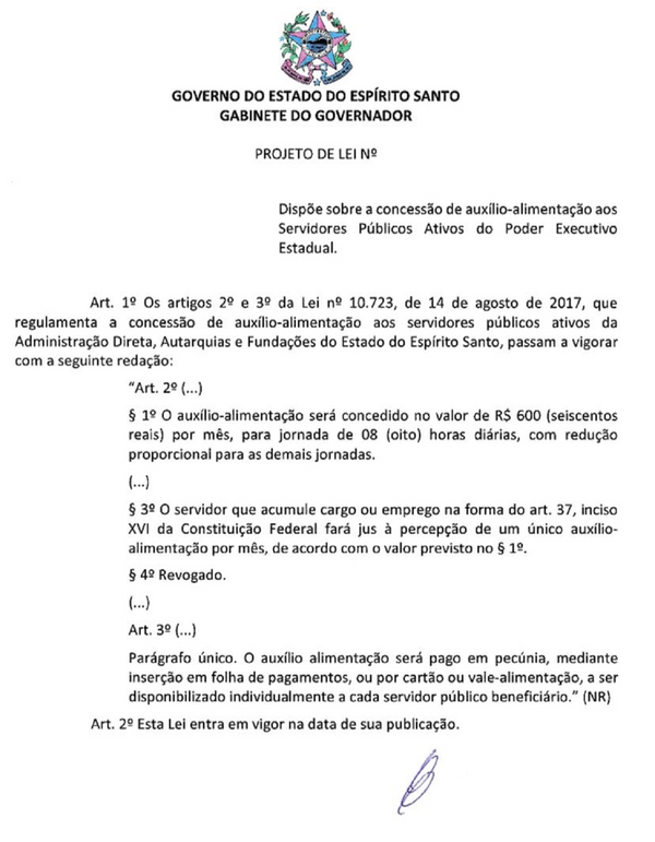 Assembleia aprova auxílio-alimentação de R$ 600 para servidores do ES