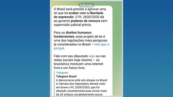 Mensagem enviada aos usuários do Telegram sugere que o PL irá 