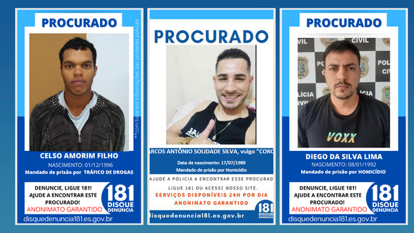 Celso Amorim Filho, Marcos Silva e Diego da Silva Lima, procurados pela Delegacia de Santa Teresa