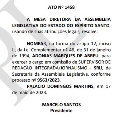 Ato de nomea&ccedil;&atilde;o de Torino Marques em cargo comissionado na Assembleia Legislativa